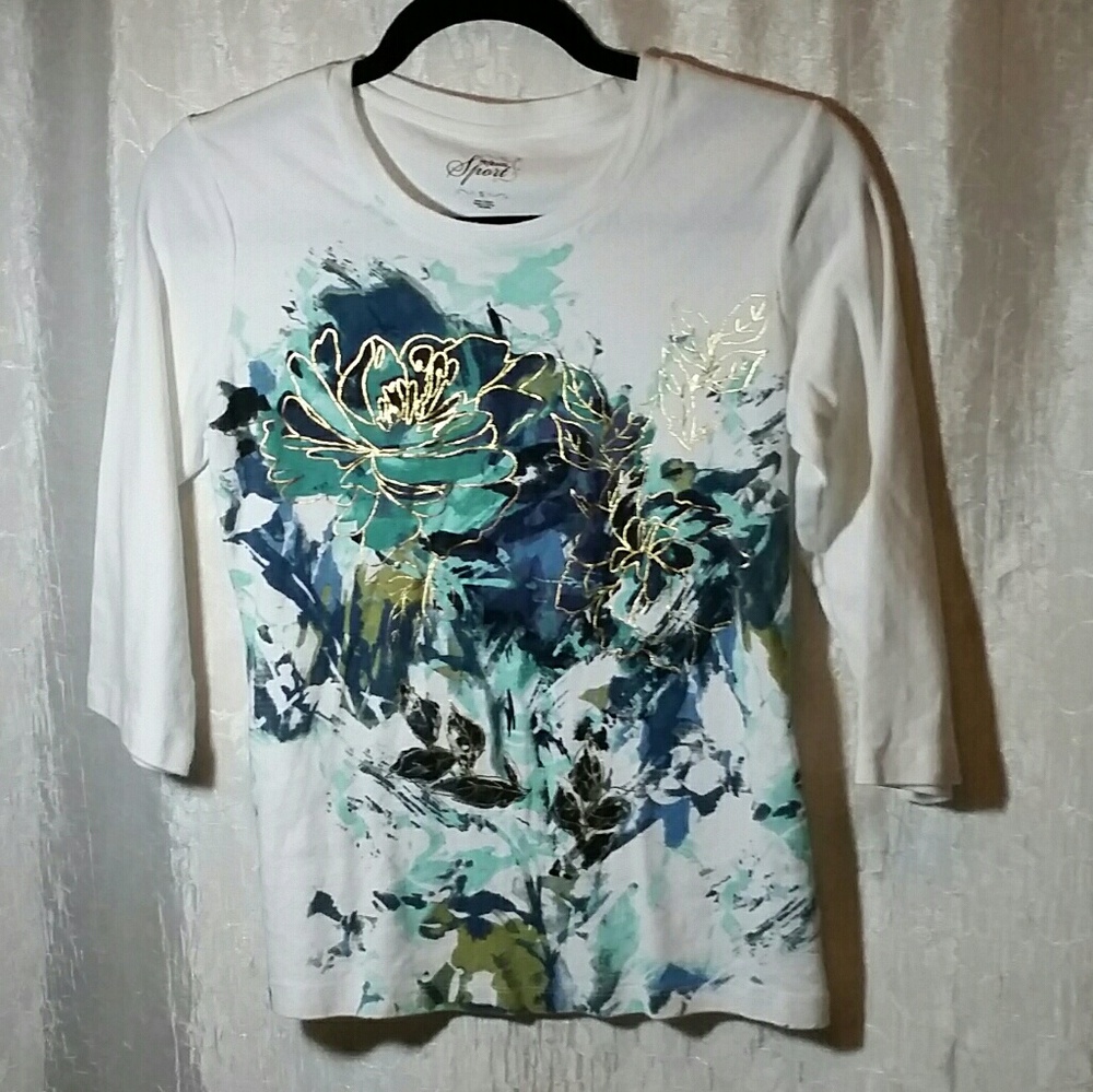 Cute Floral blue, teal, gold accent, 3/4 sleeve